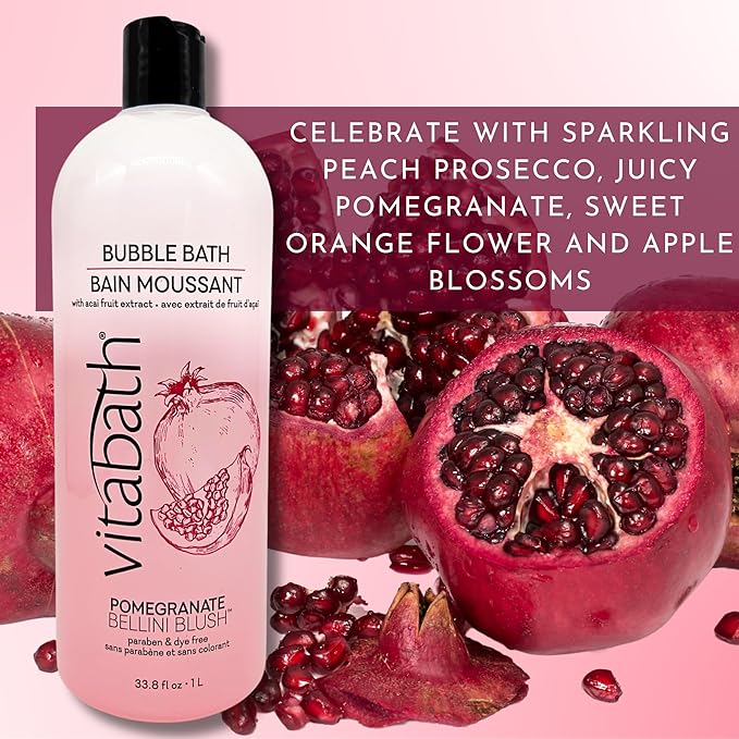 Vitabath Pomegranate Bellini Blush Bubble Bath Rich Foaming Bubbly Soak & Relaxing Aromatherapy Moisturizing & Nourishing Indulgent Suds for Women & Men All Skin Types - 33.8 fl oz