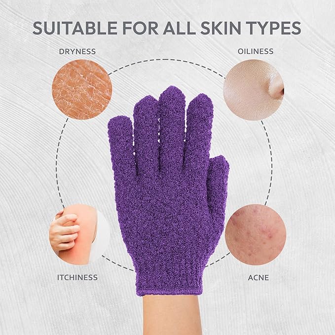 4 Pairs Exfoliating Gloves, 100% Nylon, Dual Texture Body Scrub for Spa, Massage & Dead Skin Removal, Multi-Color Shower Bath Accessories (Amethyst/Peony)