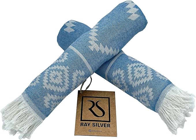 RAY SILVER Aztec Turkish Hand Towels Set of 2 100% Cotton Peshtemal Soft Feel 18 x 36 Light Weight Travel Camping Bath Sauna Beach Gym Pool Blanket Quick Dry Oversized Towel (Blue, Hand Towel)