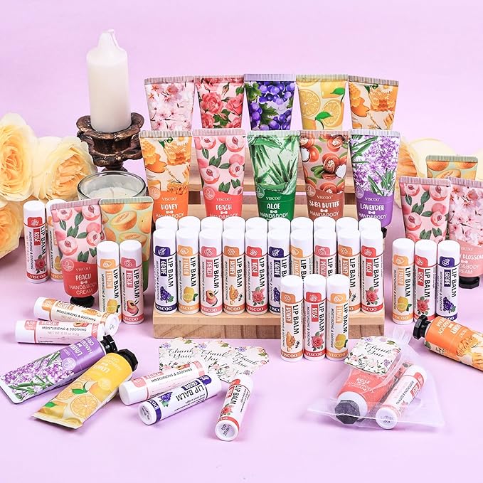 VISCOO 40 Sets Hand Cream and Lip Balm Bulk Set, Mothers Day Gifts, Teacher Appreciation Gifts, Nurses Week Gift, Wedding Favors for Guests with Thank You Card Organza Bags, Birthday Gift for Women