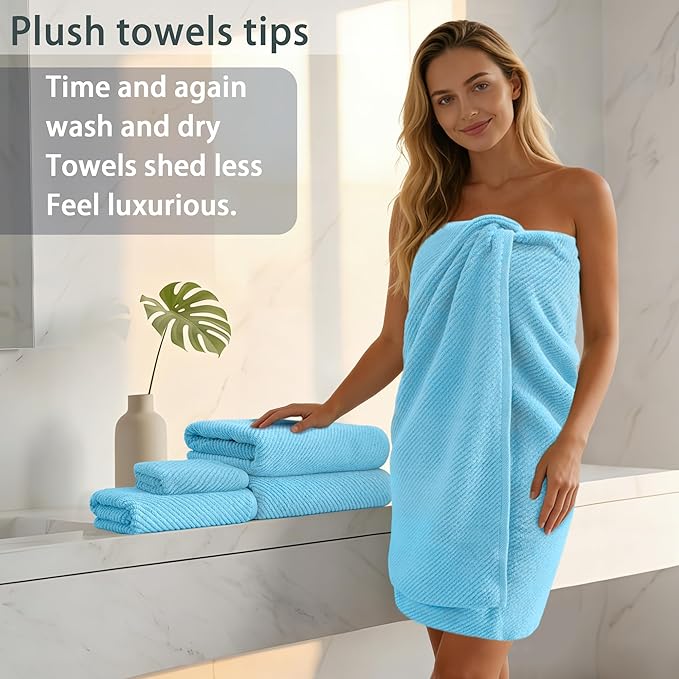 Towels for Bathroom - 100% Cotton | Quick Dry | Lightweight | Thick | Soft, Towel Set of 6, 2 Large Bath 30"x56", 2 Hand 18"x28", 2 Wash Cloths 13"x13", Luxury Towel Gift Set, Blue Towels Bathroom Set