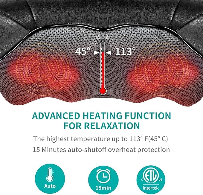 Nekteck Shiatsu Neck and Back Massager with Soothing Heat, Electric Deep Tissue 3D Kneading Massage Pillow for Shoulder Leg Body Muscle Pain Relief, 3 Speed Intensities (Rechargeable)