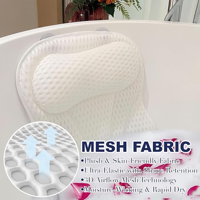 Luxury Bath Tub Pillows for Head and Neck, 4D Breathable Air Mesh Bath Pillow with Non-Slip Suction Cups, Ergonomic Back Support Spa Gifts with Silk Eye Mask