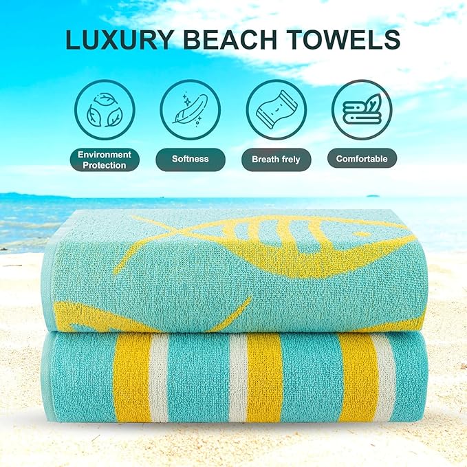 CASA COPENHAGEN Miami Towel 2Pcs Fish Teal - Teal Stripe Designer Stripe Beach Towels Gift Set, 35"x70" Oversized 100% Cotton Pool Bath Towel for Beach Gift Set (Summer Gift Set for Women & Men)