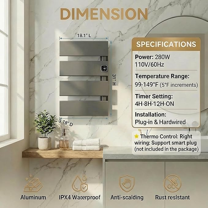Electric Towel Warmer, Heated Towel Rack with Thermo Control and Timer, Fast Heating Towel Rail for Bathroom with Memroy Function, Work with Smart Plug, Right-Wiring, 4 Panel, Gun Gray