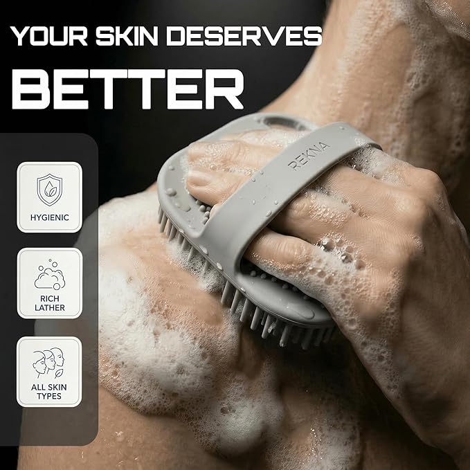Silicone Body Scrubber for Shower - Exfoliating Body Brush with Non-Slip Grip - Durable Loofah Alternative - Soft Bristles for Gentle Cleansing, High Lather & Quick Drying, Grey