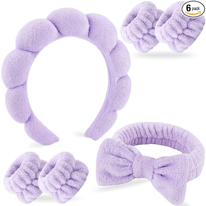 Zkptops 6Pcs Spa Headband for Washing Face Wristbands Set Women Bubble Makeup Sponge Terry Cloth Padded Puffy Skincare Headband Bow Tie Hairband Cute Non Slip Thick Hair Accessory Gifts (Purple)