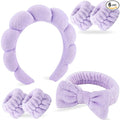 Zkptops 6Pcs Spa Headband for Washing Face Wristbands Set Women Bubble Makeup Sponge Terry Cloth Padded Puffy Skincare Headband Bow Tie Hairband Cute Non Slip Thick Hair Accessory Gifts (Purple)