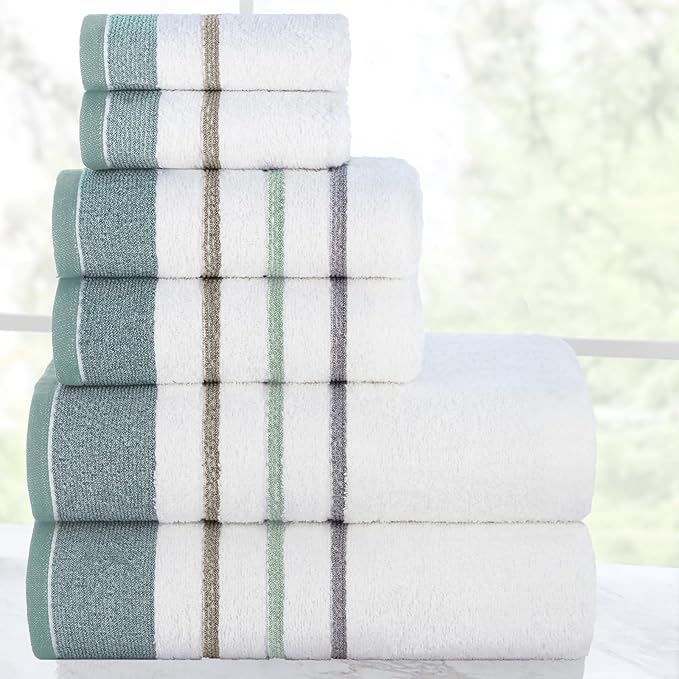 CASA COPENHAGEN White Bay 6Pcs 100% Egyptian Cotton Large Designer Towels Gift Set- Grey - Sea Grass, 600GSM, 2Bath 2Hand 2Washcloths, Bath Towels for Bathroom Set for Women & Men