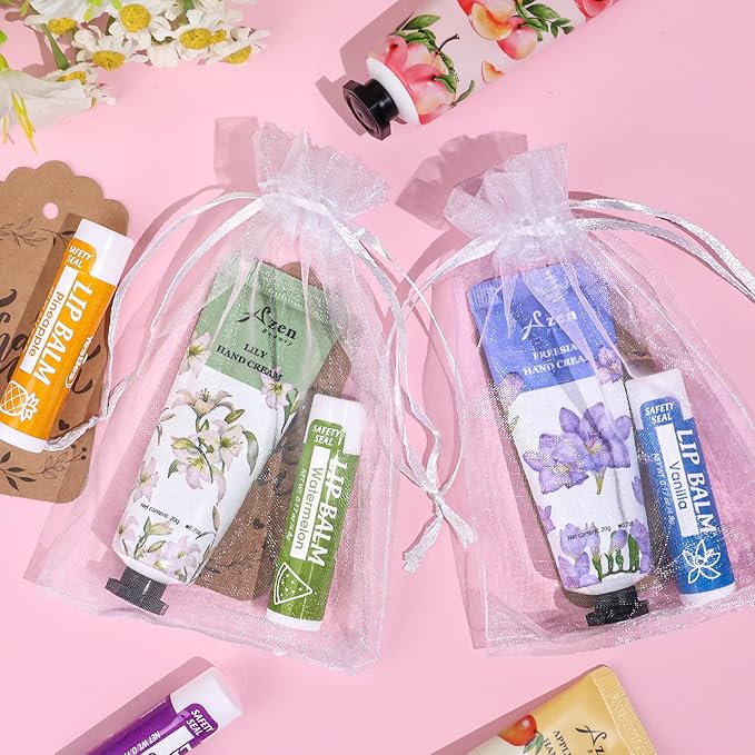AZEN 64 Sets Bulk Gifts, Hand Cream and Lip Balm Bulk Set with Organza Bag Thank You Card, Baby Shower Wedding Gift for Guests, Bridal Wedding Favors for Guests, Mothers Day Gifts Stocking Stuffers
