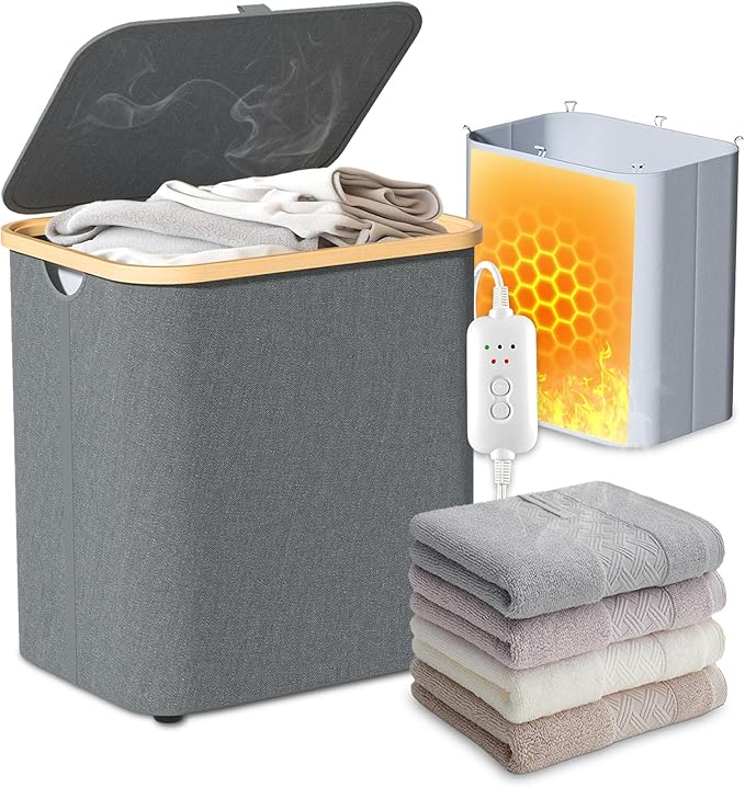 Towel Warmer & Laundry Basket 2-in-1, Foldable Towel Warmer for Bathroom with Removable Heating Bag, 20/40/60Mins Fast Heating, Auto Shut-Off, Fits 3 Large Towels Blankets, Ideal Xmas Gift