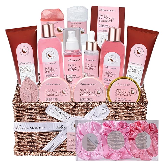Mother‘s Day Gift Baskets for Women, Spa Gifts for Women, 17pcs Coconut Spa Gift Set with Body Lotion, Bubble Bath, Relaxing Bath Set, Birthday Christmas Gifts for Her, Mom, Wife, Sister