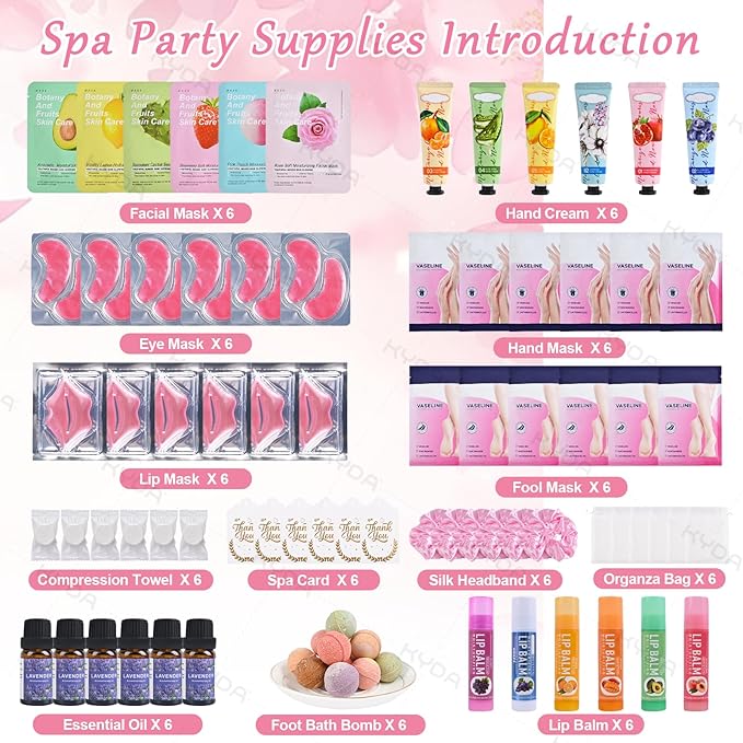 KYDA 78PCS SPA Party Supplies, Face Mask, Hand Cream, Lip Balm, Under Eye Patches, Lip Mask, Foot Bath Bomb, Essential Oil, Hand Mask, Foot Mask and Hair Band, Spa Birthday Sleepover Party Supplies