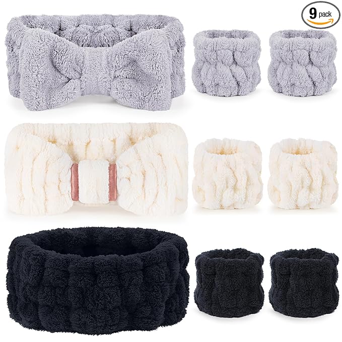 DiyJibb 9 Pcs Spa Headband for Washing Face,Skincare Headband and Wristband Set,Women Teen Girls Facial Hairbands for Washing Face, Makeup, Sports, Yoga(Apricot+Grey+Black)