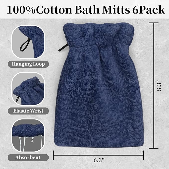 VOOVA & MOVAS 6-Pack Bath Mitts for Shower, 100% Cotton Soft Absorbent Wash Cloths with Hanging Loop, 8.3x6.3 Inch European Style Bathing Gloves for Body & Spa, Navy