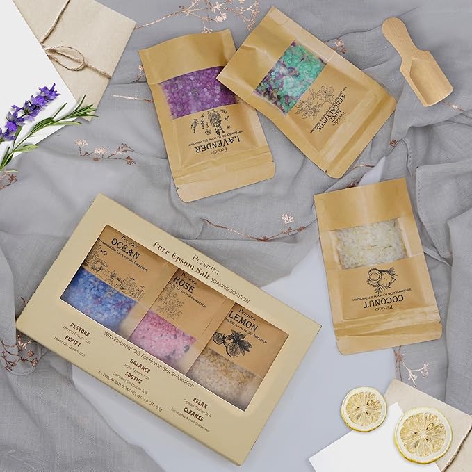 Bath Salts, Gift Set, Bath Salts for Women Relaxing, Mother's Day Birthday Gifts for Self Care, Individual Packets with Pure Natural Sea Salt, Minerals and Dried Flower, Spa Bath & Foot Soak, 6 Scents