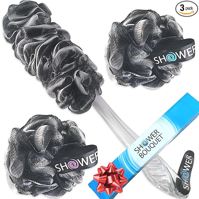 SHOWER BOUQUET Loofah-Charcoal Back-Scrubber & Bath-Sponge Set // 1 Long-Handle-Back-Brush Plus 2 Extra Large 75g Soft Mesh Loofa-Lufa-Loufa Puff Poufs, Men & Women - Exfoliate with Full Pure Cleanse