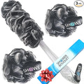 SHOWER BOUQUET Loofah-Charcoal Back-Scrubber & Bath-Sponge Set // 1 Long-Handle-Back-Brush Plus 2 Extra Large 75g Soft Mesh Loofa-Lufa-Loufa Puff Poufs, Men & Women - Exfoliate with Full Pure Cleanse