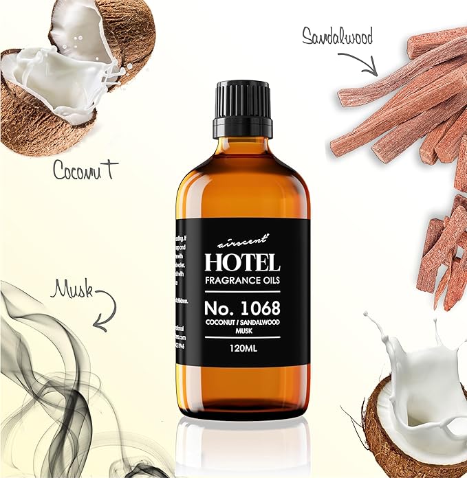 AirScent Hotel Diffuser Oil No. 1068 - Coconut Pina Colada Sandalwood - Premium Fragrance Oil for Ultrasonic and Waterless Diffusers and Crafting - 120 mL, 4 fl oz Glass Dropper Bottle