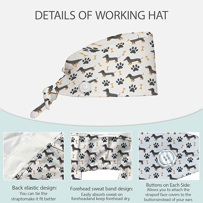 2 Pcs Working Cap with Sweatband for Women Men, Adjustable Cleaning Working Hats, Nurse Surgical Caps
