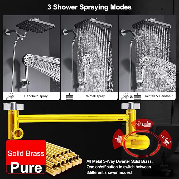 Dual shower Head with Handheld and Filter-14'' Rainfall ShowerHead,High Pressure Handheld Shower Head with Filters for Hard Water,7Spray with Power Wash,3-Way Setting for Couple Bathroom