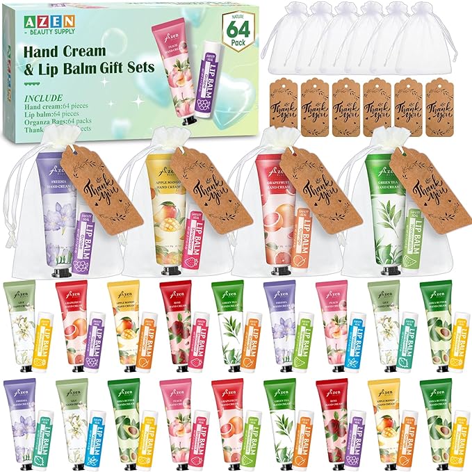 AZEN 64 Sets Bulk Gifts, Hand Cream and Lip Balm Bulk Set with Organza Bag Thank You Card, Baby Shower Wedding Gift for Guests, Bridal Wedding Favors for Guests, Mothers Day Gifts Stocking Stuffers