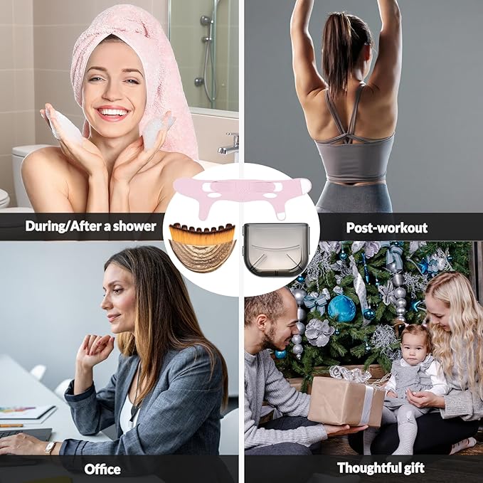 Lymphatic Contour Face Brush & Chin Lifting Mask, 2Pcs: Manual Lymphatic Drainage Massager Dry Brush & Pink V Line Lifting Mask, Face, Chin Strap for Sleeping, Jawline Sculpting Set, Gift for Women