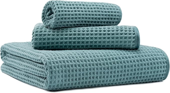 MICROFI New Microfiber Waffle Bath Towels, 3 Pieces, Oversized, Soft, Absorbent, Fast Drying, Lint Free, Includes Bath, Face and Hand Towels 430 GSM