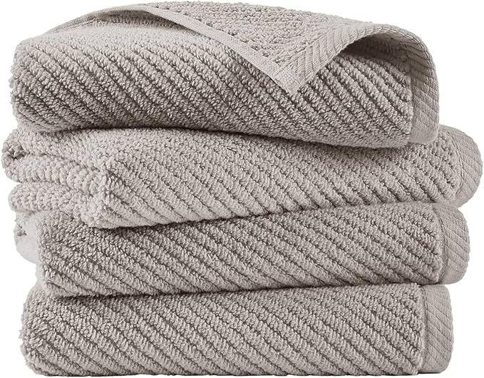 Madison Park 4-Piece Hand Towel Set for Bathroom 18" x 28" Diagonal Ribbed, Grey - 100% Cotton Soft Quick Dry & Absorbent Gift | Zero Twist, 500 GSM, Oeko-TEX, Hotel Quality