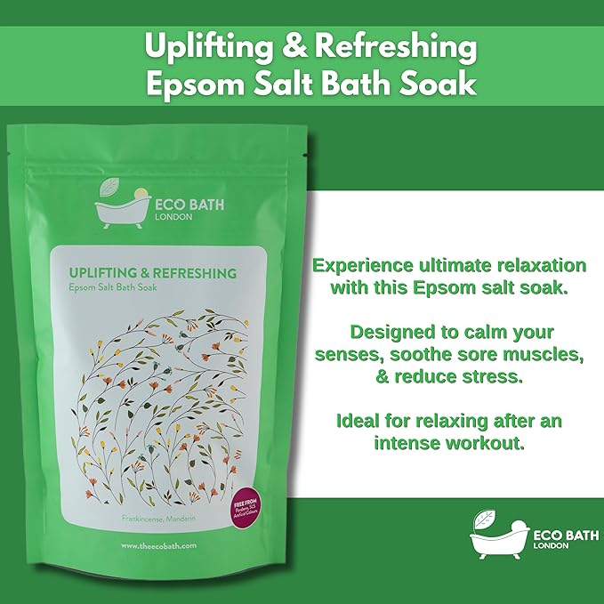 Eco Bath London Uplifting and Refreshing Epsom Salt Bath Soak 1kg - Magnesium Bath Salts with Citrus Essential Oils for Energizing Spa Soak, Made in UK, Self Care Gift