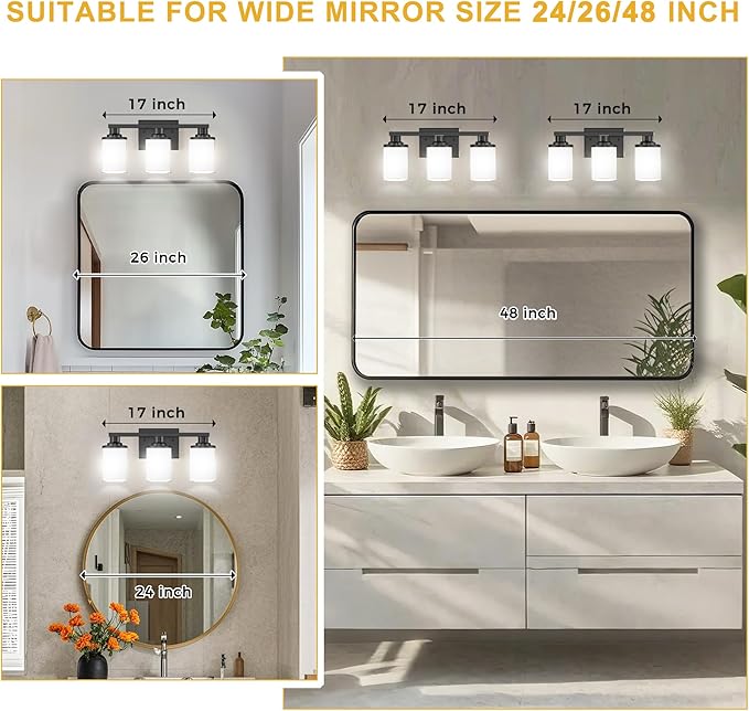 L LOHAS LED Black Bathroom Light Fixtures, 3-Light Vanity Light Over Mirror, Wall Sconces with Milky White Frosted Glass Shades, ETL Listed