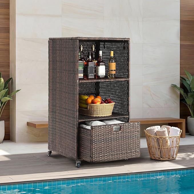 HOMREST Outdoor Pool Towel Rack with Storage Cabinet, Waterproof PE Rattan Wicker Poolside Towel Organizer with Shelves & Drawer, Rolling Wheels Towel Valet Caddy for Patio, Hot Tub, Spa,Brown