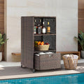 HOMREST Outdoor Pool Towel Rack with Storage Cabinet, Waterproof PE Rattan Wicker Poolside Towel Organizer with Shelves & Drawer, Rolling Wheels Towel Valet Caddy for Patio, Hot Tub, Spa,Brown