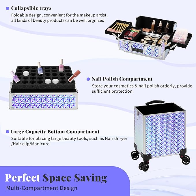 3 in 1 Rolling Makeup Train Case Professional Large Cosmetic Trolley Cosmetology Case on Wheels Traveling Cart Trunk for Hairstylist Artist Nail Beauty Salon Barber, Silver