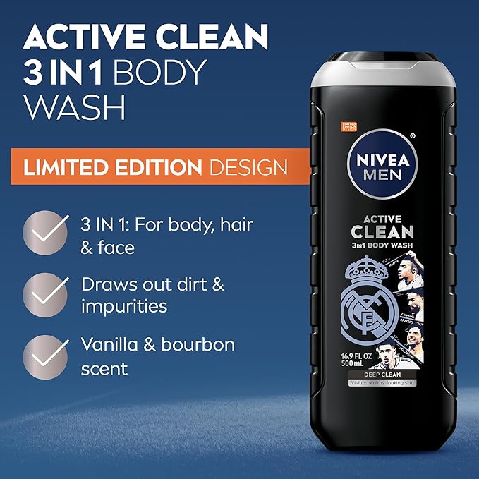 NIVEA MEN Real Madrid Limited Edition Design Active Clean Body Wash with Natural Charcoal for Normal to Oily Skin, 3-in-1 Charcoal Body Wash, Face and Hair, 16.9 Fl Oz Bottle, Pack of 3
