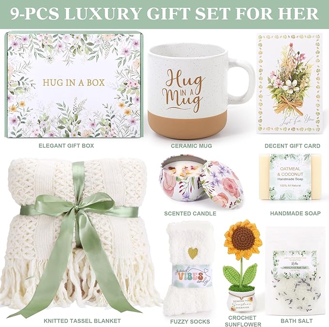 Self Care Gifts for Women Birthday Care Package Spa Kit, Get Well Soon Gift Baskets for Women, Inspirational Sunflower Mothers Day Gifts for Mom Her Wife Sisters Grandma, Thinking of You Sympathy Gift