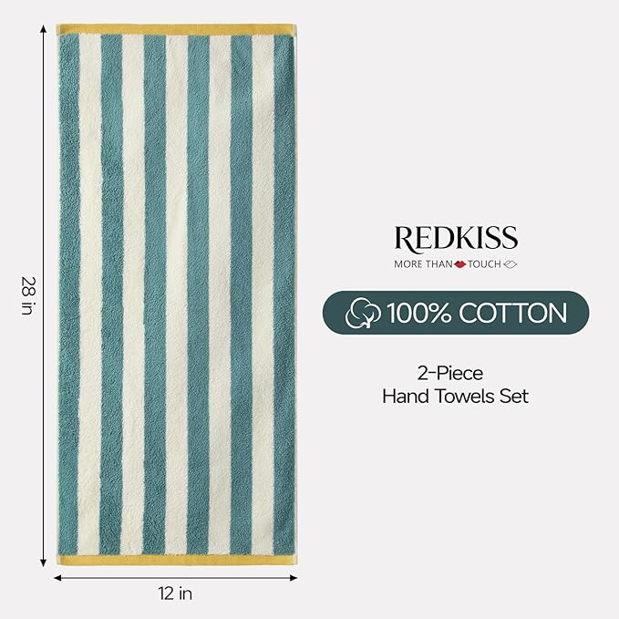 REDKISS 2-Pack Luxury Hand Towels for Bathroom - 12 x 28 Inches 100% Cotton Towels, Ultra Soft and Highly Absorbent Striped Hand Towel for Bath, Gym, Hotel, Kitchen and Spa, Gray-Green
