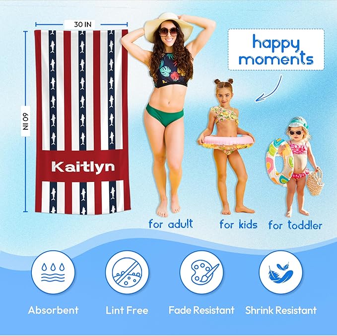 JML Custom Beach Towel with Name, Personalized Microfiber Beach Towel with Name, Large, Soft, Quick Dry & Absorbent for Swim, Pool,Adult,Summer Holiday,Vacation,Travel,Gift for Anniversary, Birthday