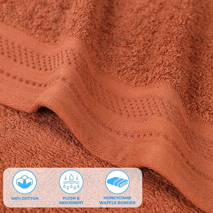 Superior Honeycomb Cotton Medium Weight Towels, for Guest Bath, Master Bathroom, Shower, Quick Dry, Adults, Home Essentials, Textured Waffle Border, Assorted Towel Set, 6 Piece Towel Set, Rust
