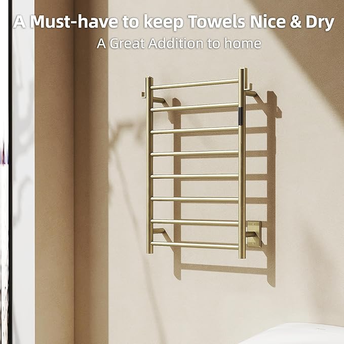 P&Dlusir Towel Warmer, Heated Towel Rack with Smart Timer and Thermo Control, Wall-Mounted Heated Towel Rail, Stainless Steel, Hard-Wired/Plug-in, Brushed Gold, 8 bar