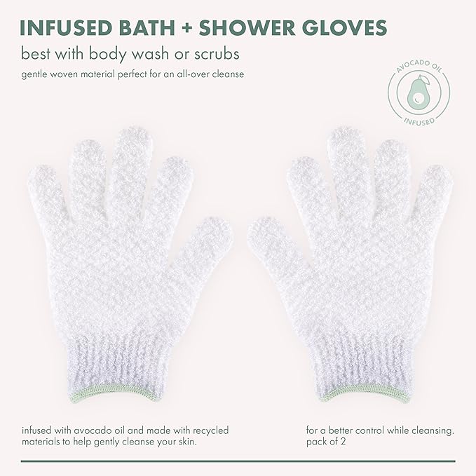 EcoTools Avocado Oil Infused Gentle Exfoliating Bath and Shower Gloves, Exfoliating Body Mitt for Soft Skin, For Body Soap and Body Scrub, Pack of 2-2 Gloves Total