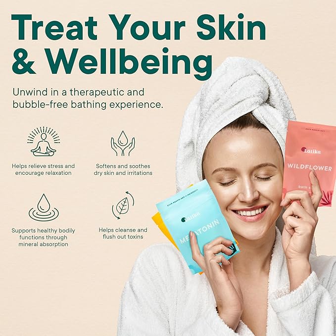 Latika Bath Soak Stress Relief Set of 3 - Wildflower, Melatonin, Vitamin C - Moisturizing Bath Soak with Epsom Salt & Essential Oils for Stress Relief, Muscle Recovery, & Relaxation - At-Home Spa