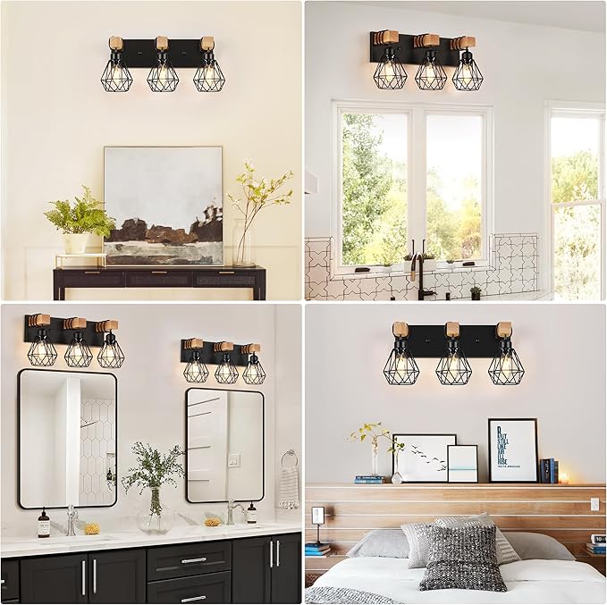 FadimiKoo 3-Light Farmhouse Bathroom Vanity Light Fixtures, Wood Bathroom Lighting Over Mirror, Black Vanity Lights with Metal Lampshade, Vintage Wall Light Fixtures for Bedroom, Living Room, Hallway