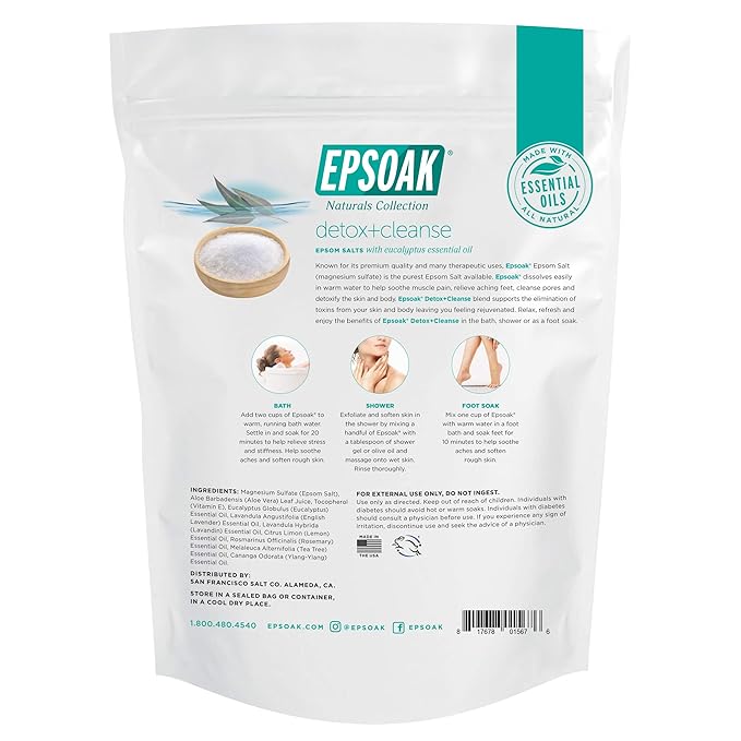 Epsoak Epsom Salt 2 lb. USP Magnesium Sulfate with Detox + Cleanse Scent Resealable Epsom Salt Bag, Made in The USA, Cruelty-Free Certified