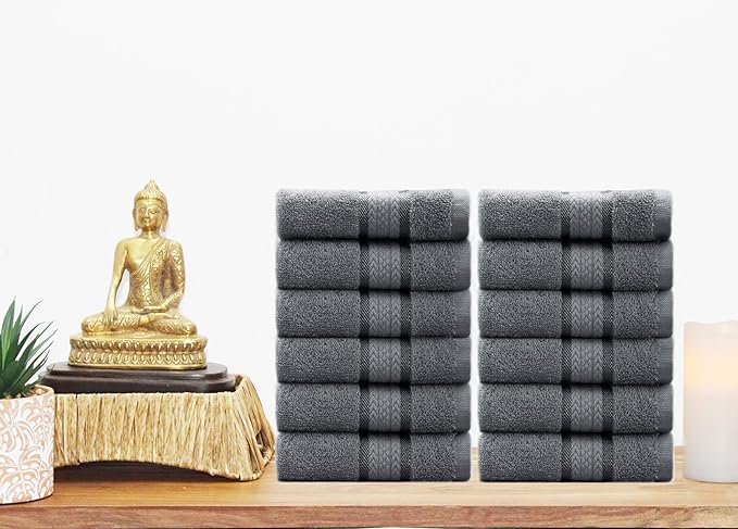 Cotton Craft Ultra Soft 12 Pack Wash Cloths 12x12 Charcoal Weighs 2 Ounces Each - 100% Pure Ringspun Cotton - Luxurious Rayon Trim - Ideal for Everyday use - Easy Care Machine wash