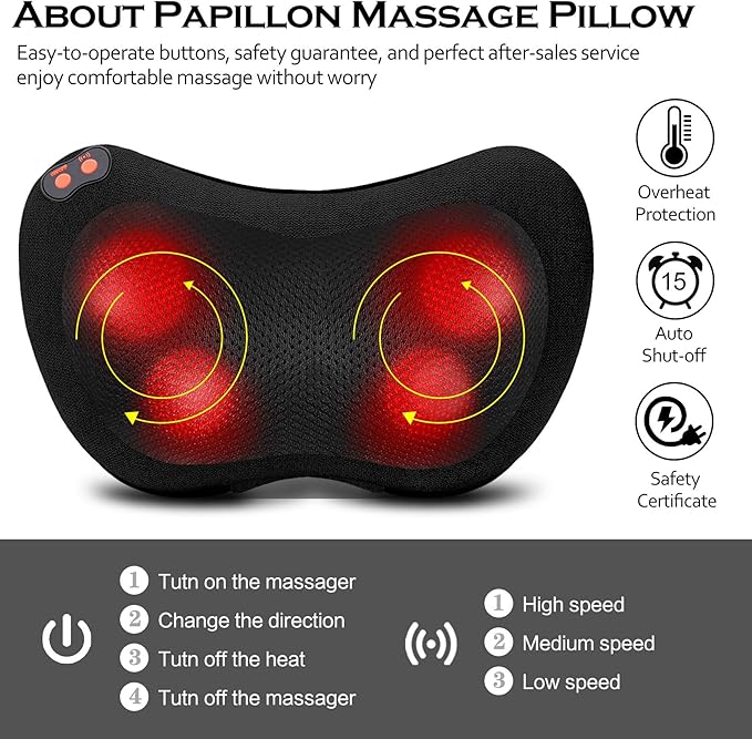 Papillon Mothers Day Gifts for Mom,Back Massager with Heat,Shiatsu Neck Massager Pillow for Back,Neck,Shoulder,Foot&Lower Back Pain Relief,Relaxation Gifts for Women/Mom/Fathers Day (Black)