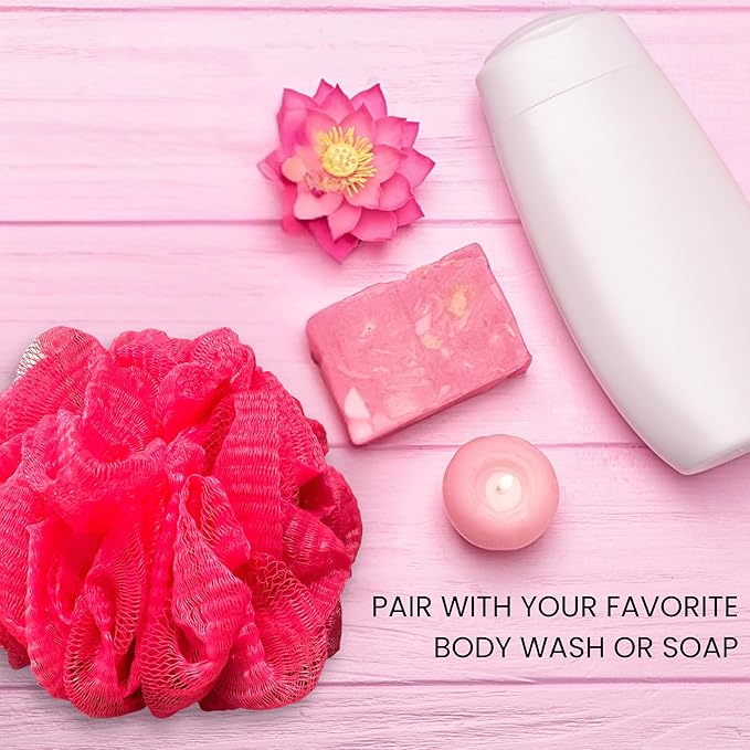 Pink Bath Sponge Pack of 3 – Large Exfoliation Loofahs with Suction Cup for Easy Drying, 70G Mesh Poufs for All Skin Types, Lather for Daily Use