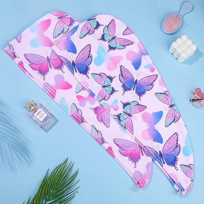 FIOBEE Microfiber Hair Towel Wrap for Kid Rapid Drying Towel Absorbent Hair Turbans for Wet Hair with Button Women Girls Long Curly Hair Pack of 2, Butterfly