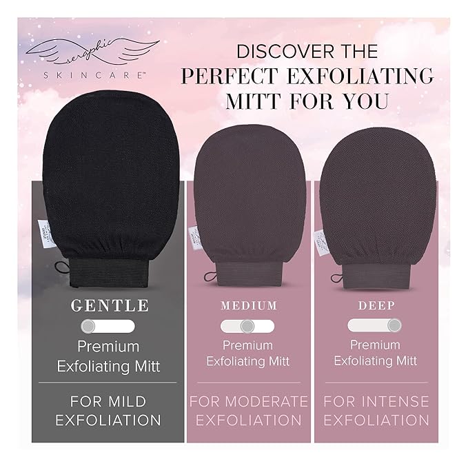 Seraphic Skincare Premium Exfoliating Glove (Gentle) – Viscose Fiber Korean Exfoliating Mitt for Sensitive Skin – Body Scrubber, Dead Skin Remover for Body & Self Tanner Removal & Application