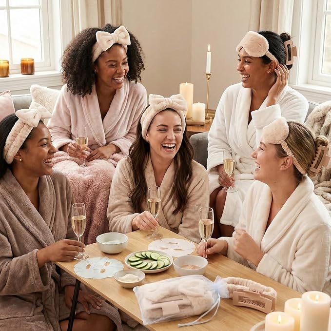 48 Pcs Spa Party Supplies Sleepover Essentials Gift for Mother's Day Spa Headband Plush Eye Mask Claw Clips Organza Bag for Women Adult Slumber Party Supplies (Khaki)
